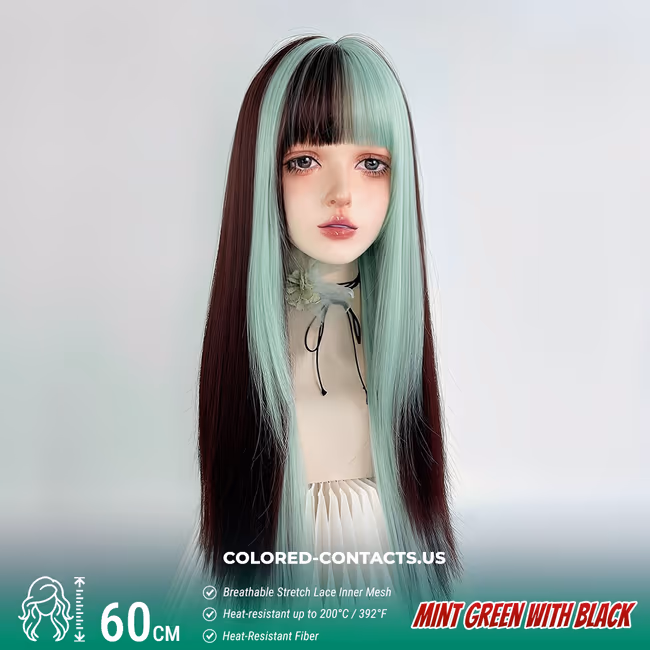 60cm Mint Green with Black Highlights – Straight Cut with Full Bangs