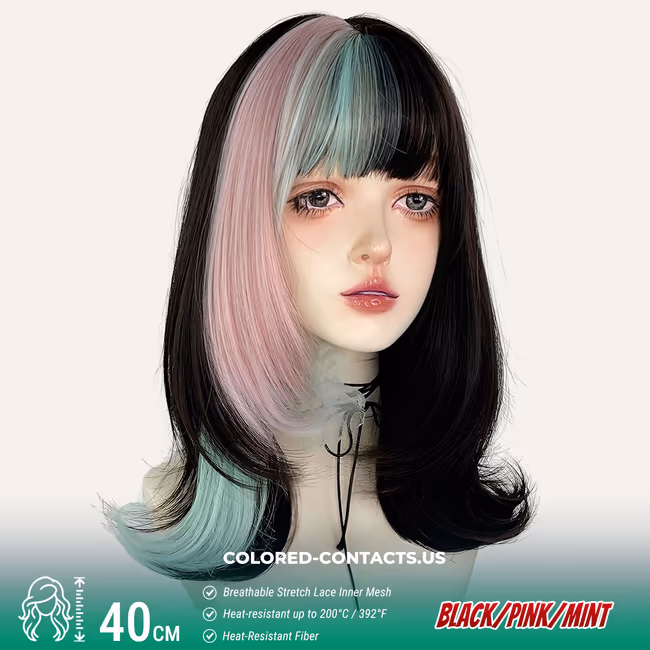 Tri-Color Modern Wig – Black/Pink/Mint