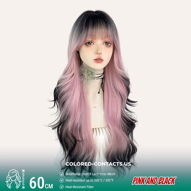 Split-Color Long Wavy Wig – Pink and Black
